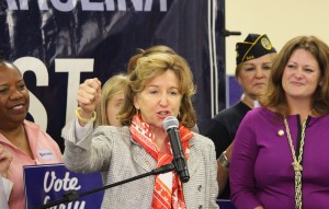 Staff photo by Cole Dittmer. Sen. Kay Hagan addresses a crowd of supporters at Coastline Convention Center on Oct. 30. Rep. Susi Hamilton, D-New Hanover, stands to Hagan's right.