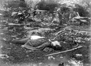 Supplied photo courtesy of the Library of Congress Prints and Photographs Division. Sharpshooter’s Last Sleep by Alexander Gardner depicts a dead Confederate soldier on the battlefield in Gettysburg, PA in 1863.